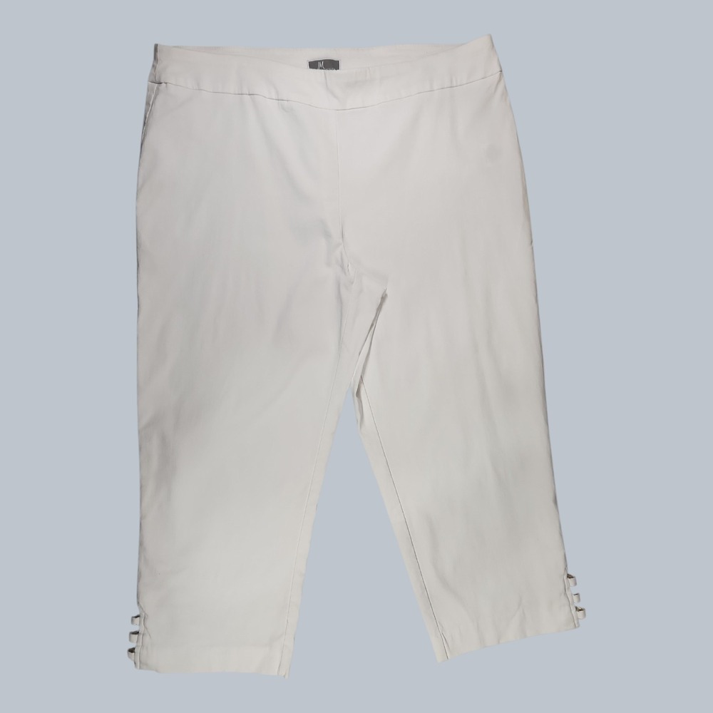 JM Collection White Capri Pants Women L Pull On Elastic Waist Lattice Hem Crop